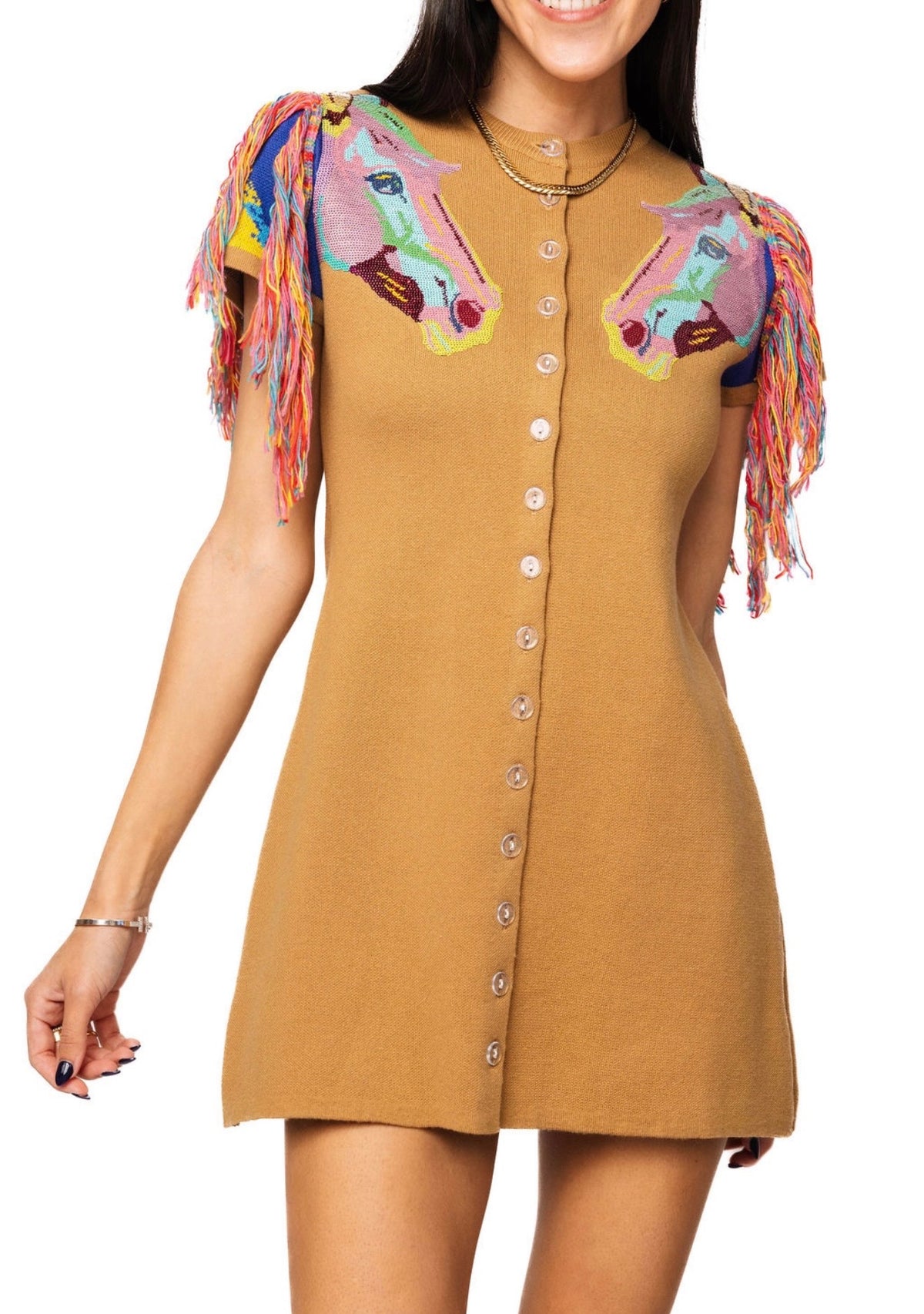 Queen of Sparkles-Tan Fringe Horse Head Button Up Knit Dress