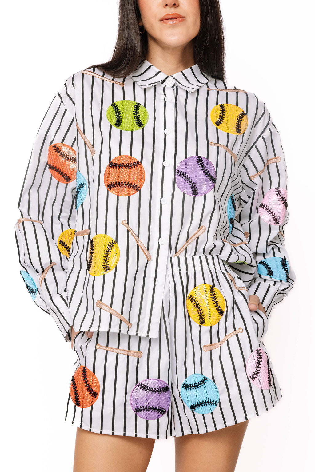 Queen of Sparkles-Mutli Baseballs & Bats Button Up