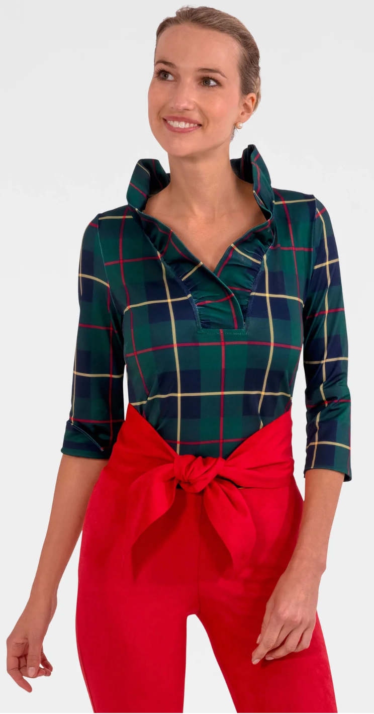 Gretchen Scott -Stand Up Ruffle Neck Top - Green Plaidly Cooper