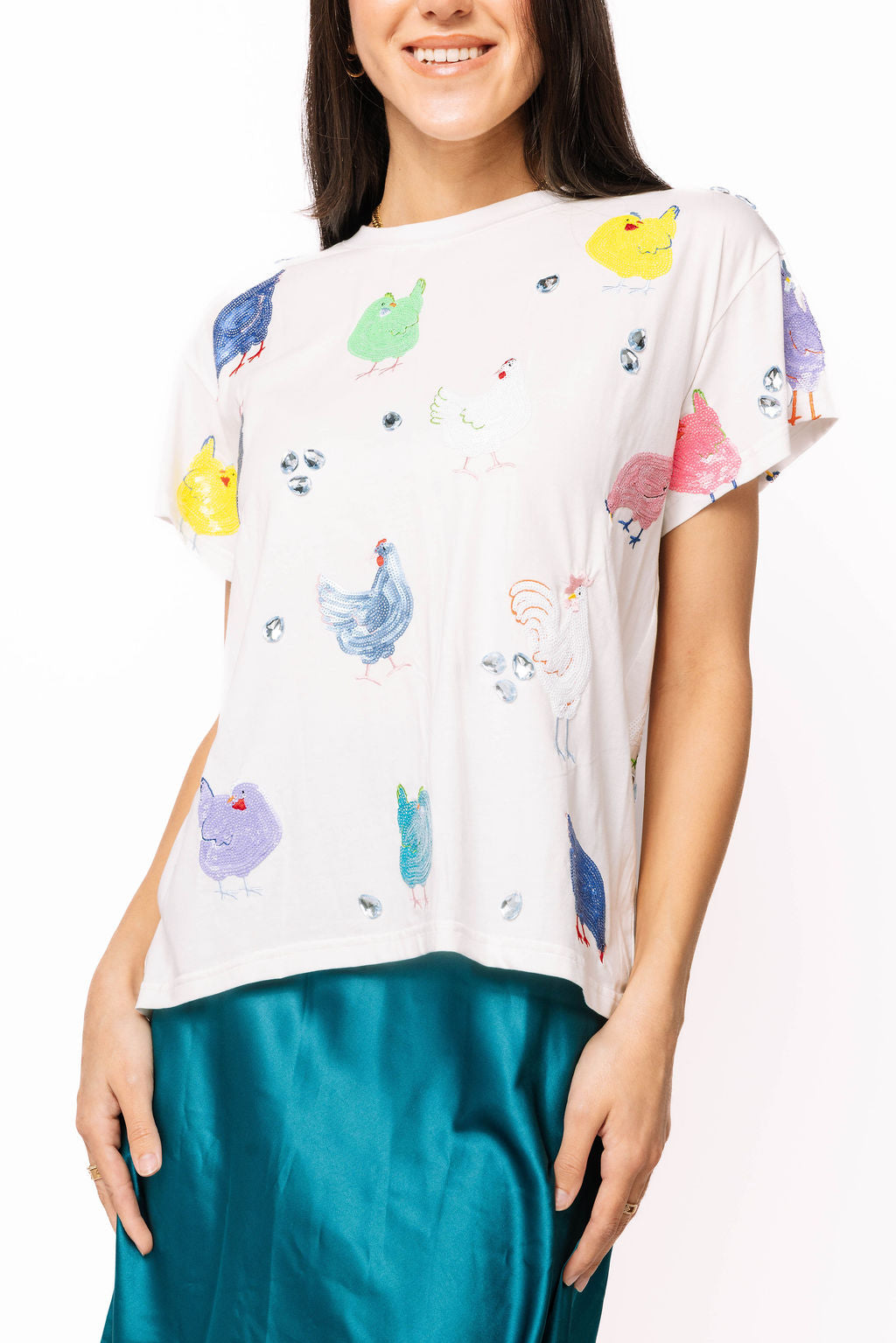 Queen of Sparkles-White Multi Chicken Tee