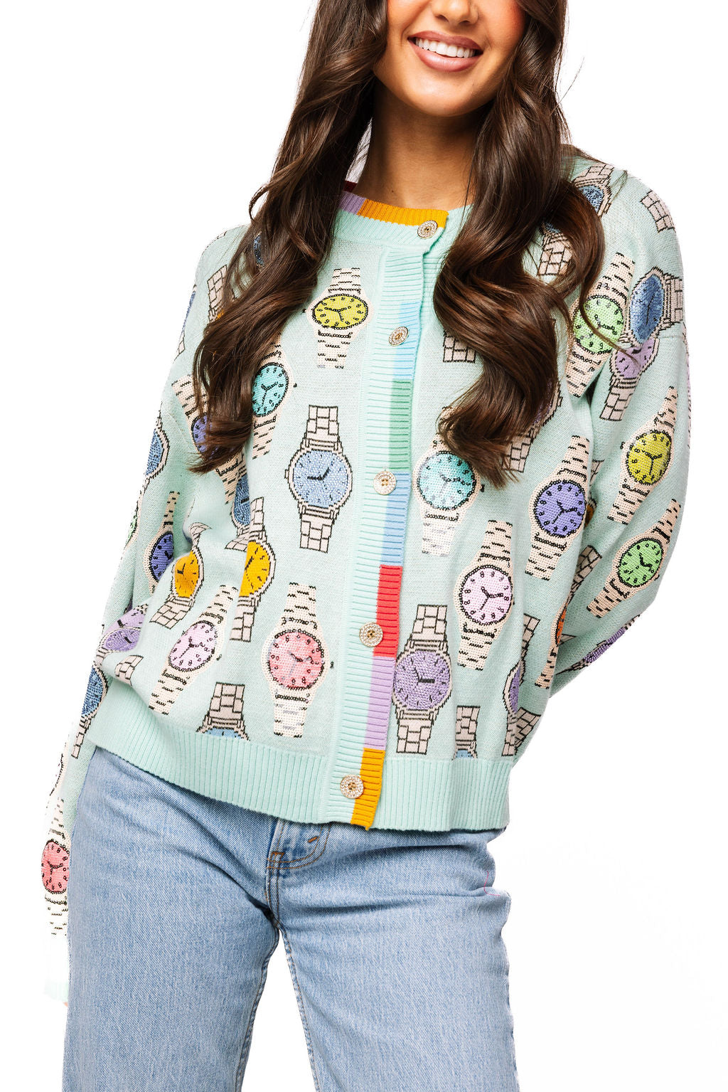Queen of Sparkles-Aqua Multi Watch Button Up Cardigan