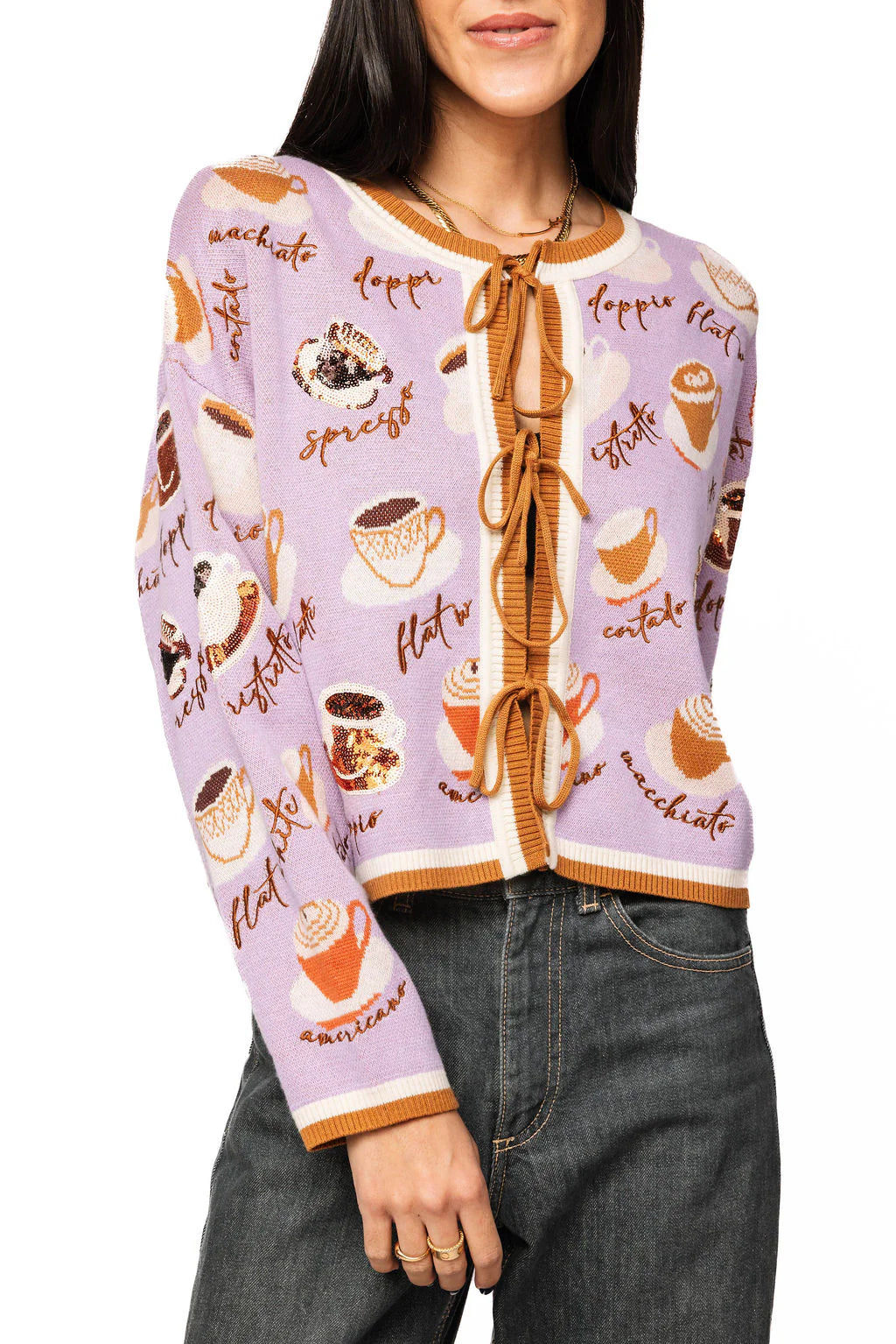 Queen of Sparkles - Lavender Types of Coffee Tie Sweater