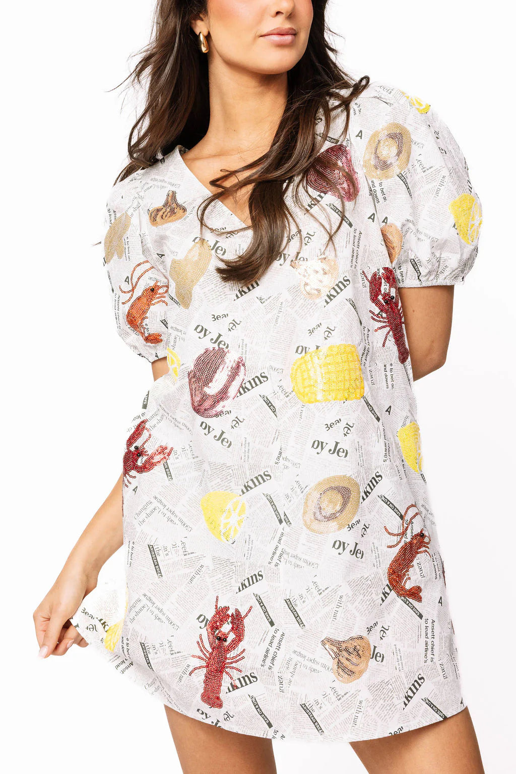 Queen of Sparkles - Black & White Crawfish On Newspaper Cotton Dress